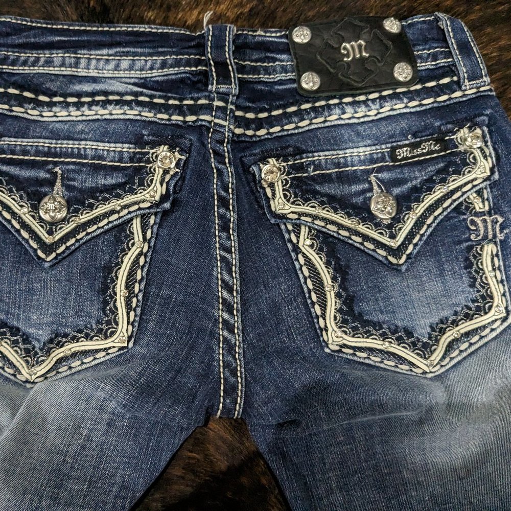 Miss Me Boot Cut Rhinestone Leather Trim Pockets